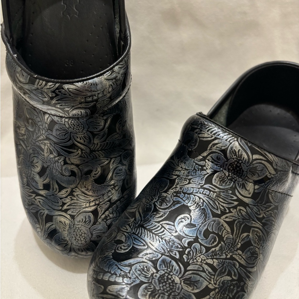 Dansko Black and Silver Floral Mules